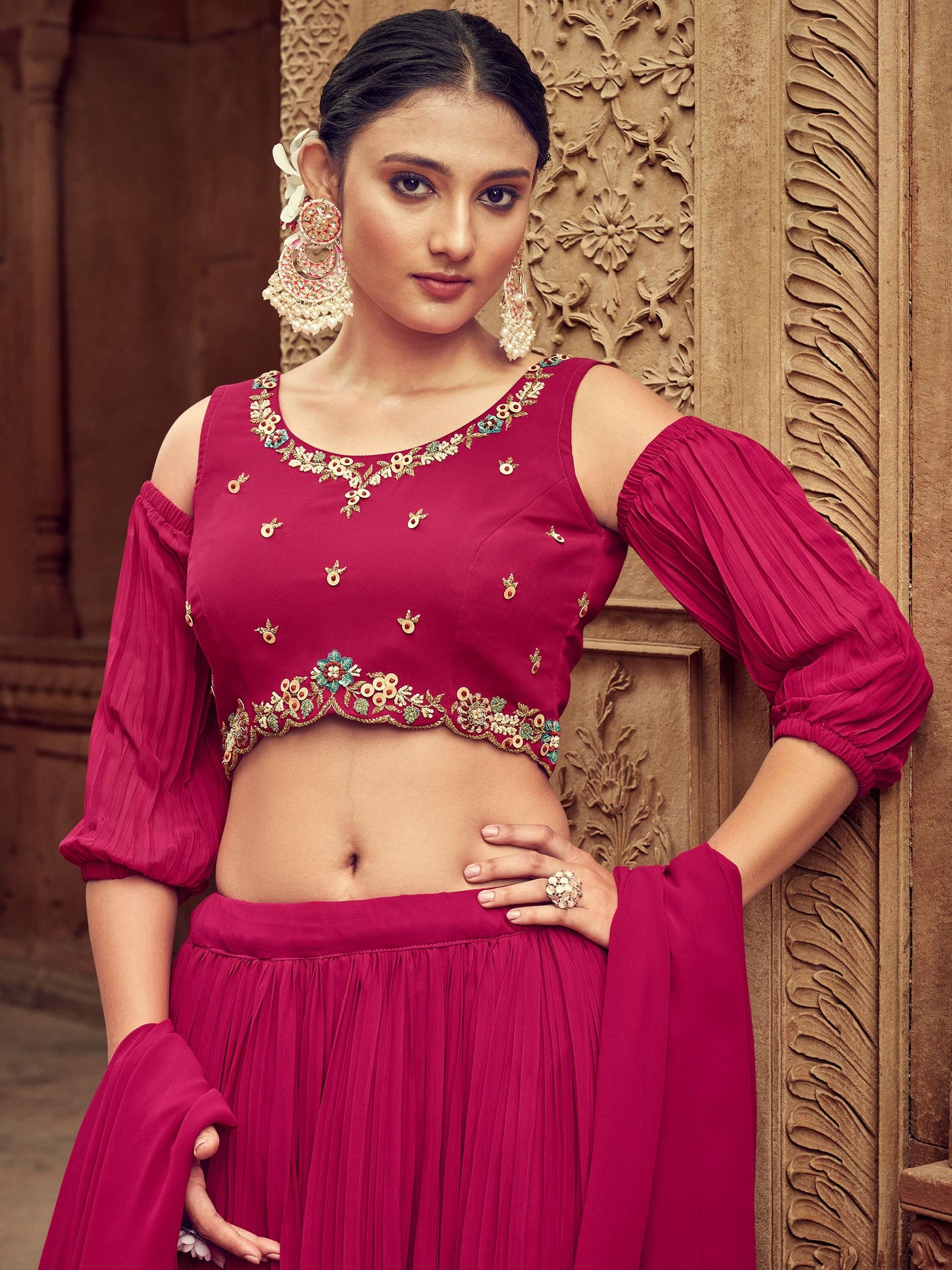 Attractive Rani Pink Embroidered Georgette Wedding Lehenga Choli