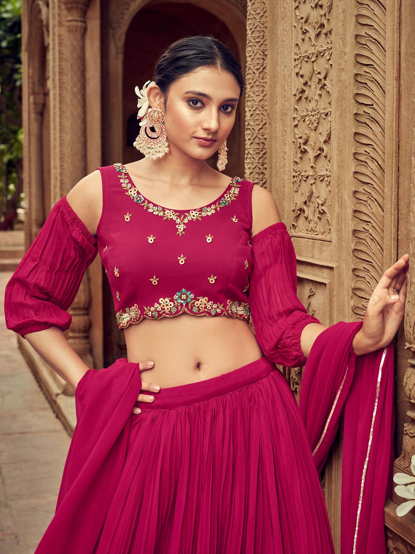 Attractive Rani Pink Embroidered Georgette Wedding Lehenga Choli