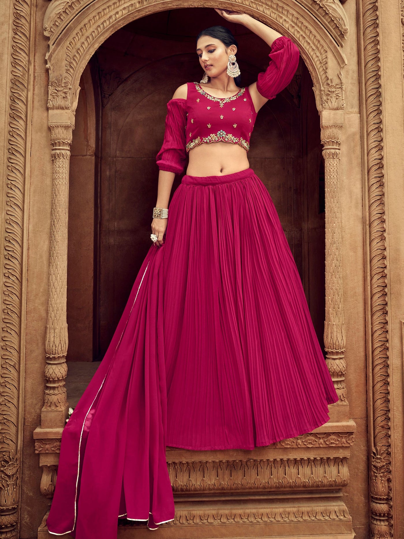 Attractive Rani Pink Embroidered Georgette Wedding Lehenga Choli