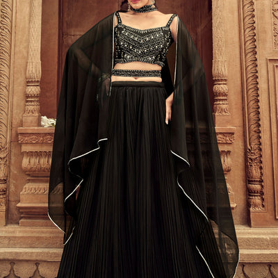 Beautiful Black Embroidered Georgette Reception Wear Lehenga Choli