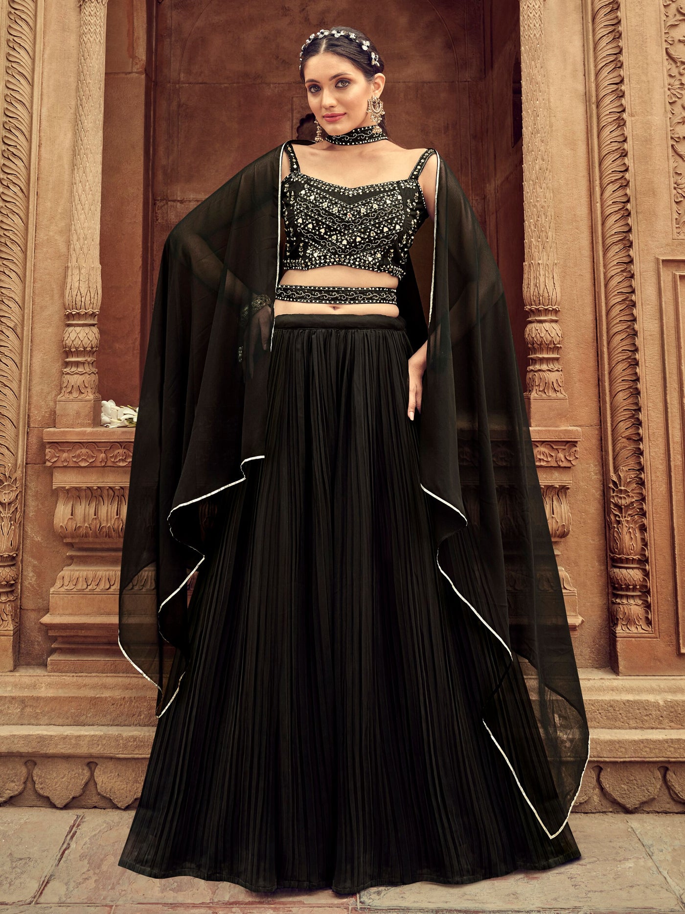 Beautiful Black Embroidered Georgette Reception Wear Lehenga Choli