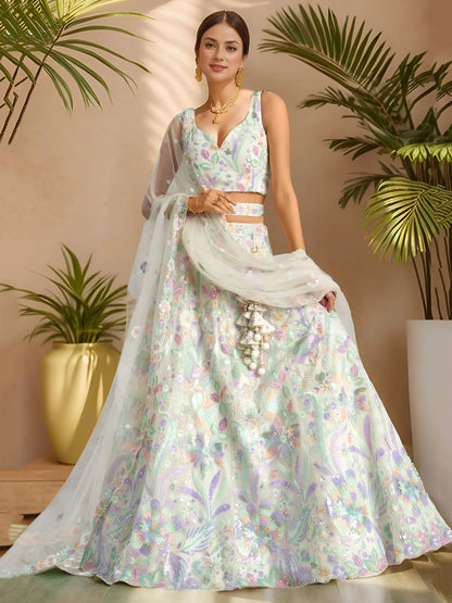 Phenomenal White Sequins Net Evening Wear Lehenga Choli With Dupatta