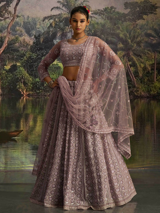 Ravishing Mauve Zarkan Work Net Engagement Wear Lehenga Choli With Dupatta