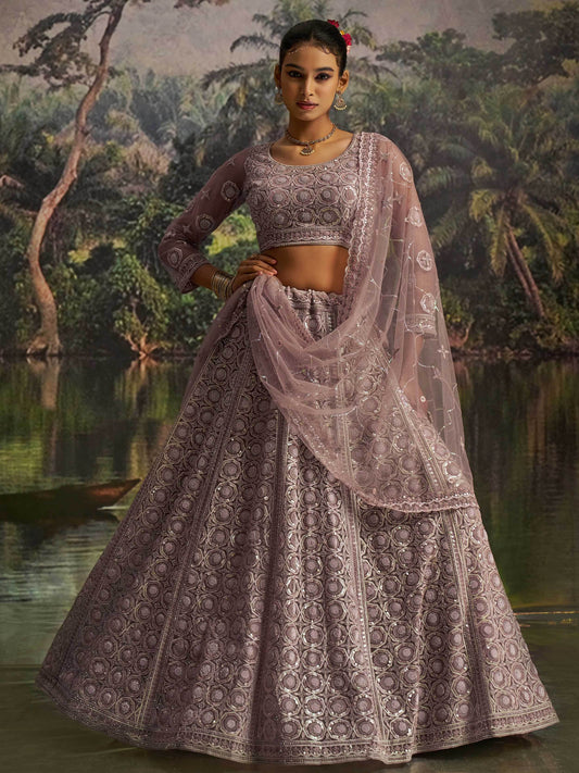 Ravishing Mauve Zarkan Work Net Engagement Wear Lehenga Choli With Dupatta