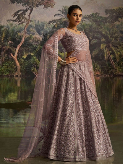 Ravishing Mauve Zarkan Work Net Engagement Wear Lehenga Choli With Dupatta