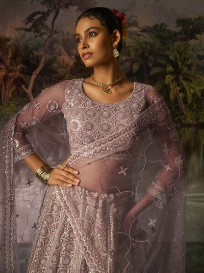 Ravishing Mauve Zarkan Work Net Engagement Wear Lehenga Choli With Dupatta