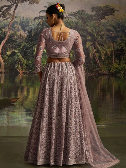 Ravishing Mauve Zarkan Work Net Engagement Wear Lehenga Choli With Dupatta