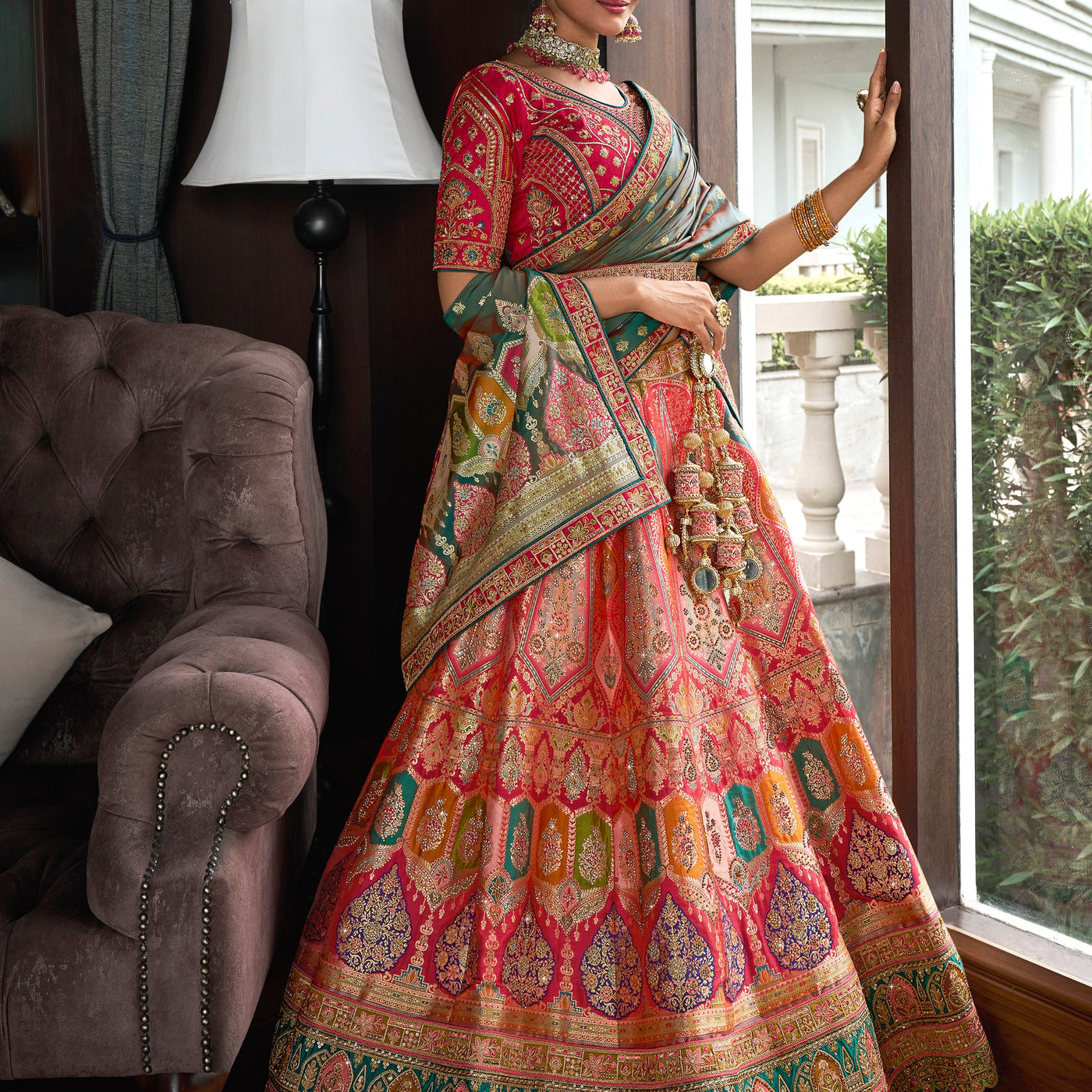 Magnetic Multi-Color Zari Weaving Wedding Wear Lehenga Choli