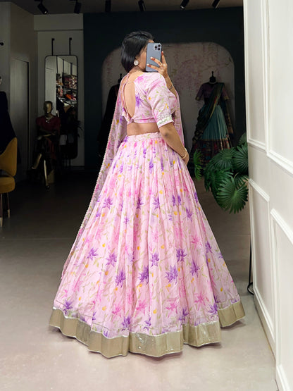 Baby Pink Color Floral Print With Lace Border Tabby Silk Lehenga Choli
