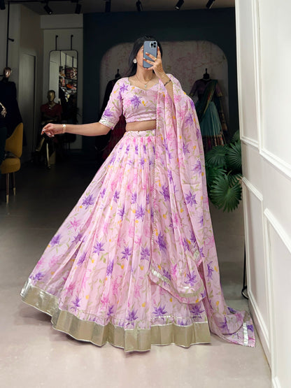 Baby Pink Color Floral Print With Lace Border Tabby Silk Lehenga Choli