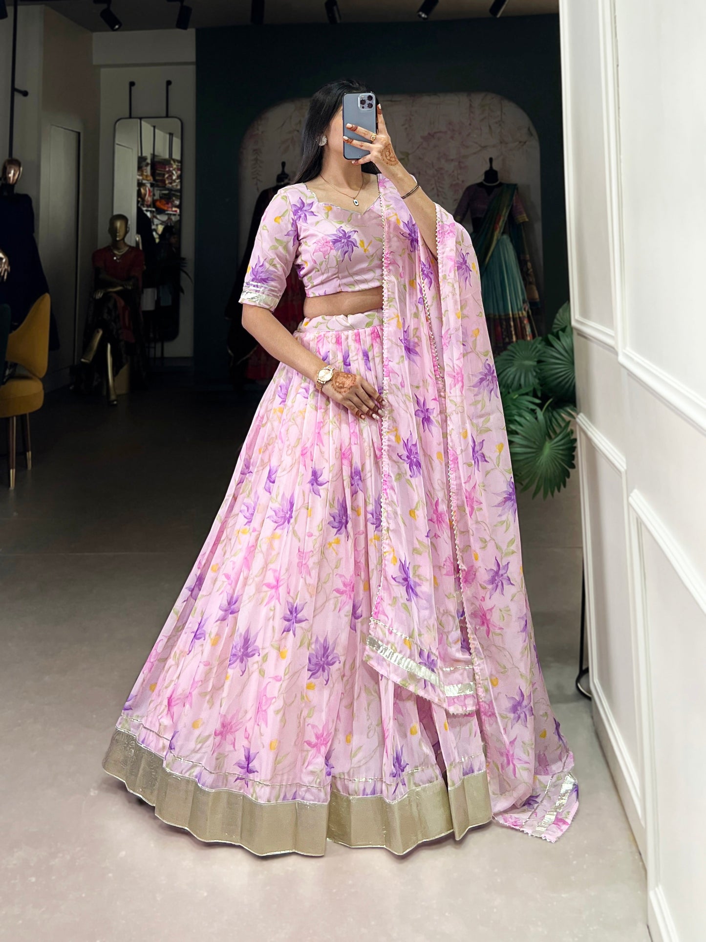 Baby Pink Color Floral Print With Lace Border Tabby Silk Lehenga Choli