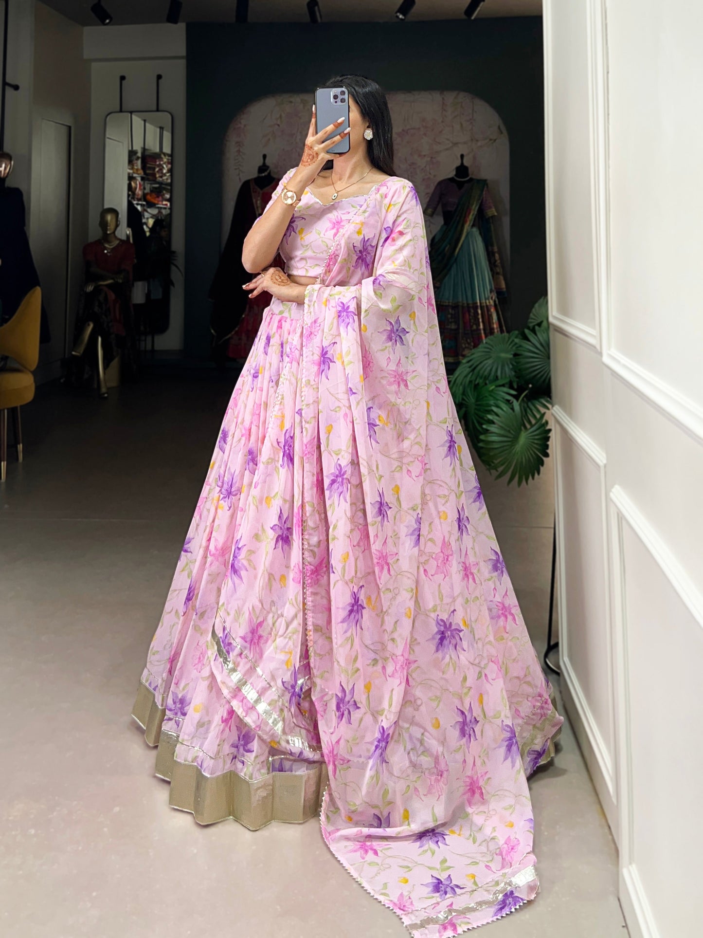 Baby Pink Color Floral Print With Lace Border Tabby Silk Lehenga Choli