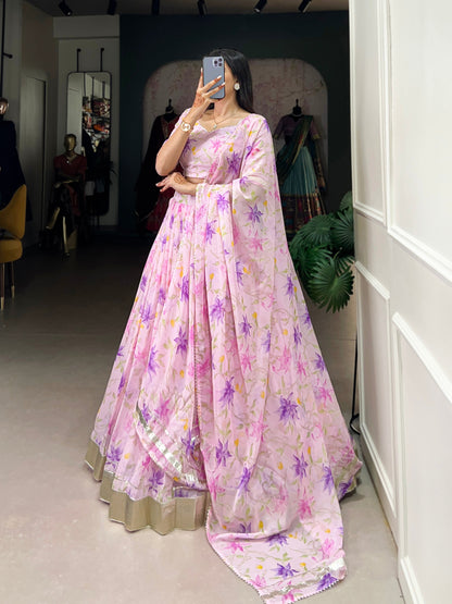 Baby Pink Color Floral Print With Lace Border Tabby Silk Lehenga Choli