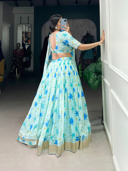 Pista Color Floral Print With Lace Border Tabby Silk Lehenga Choli