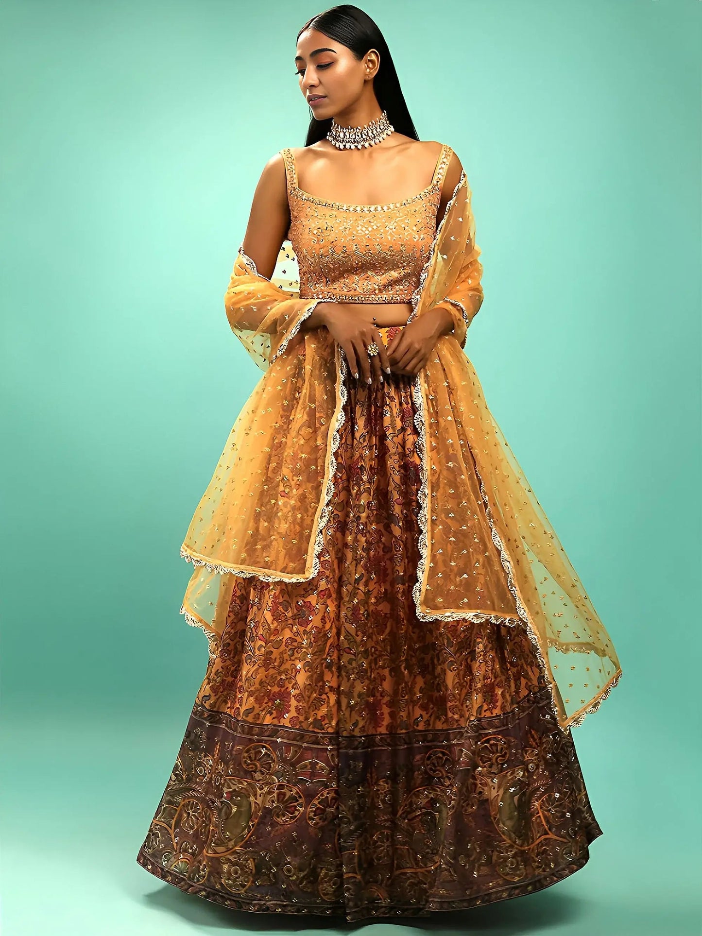 Attractive Yellow Chinon Digital Print Haldi Wear Lehenga Choli