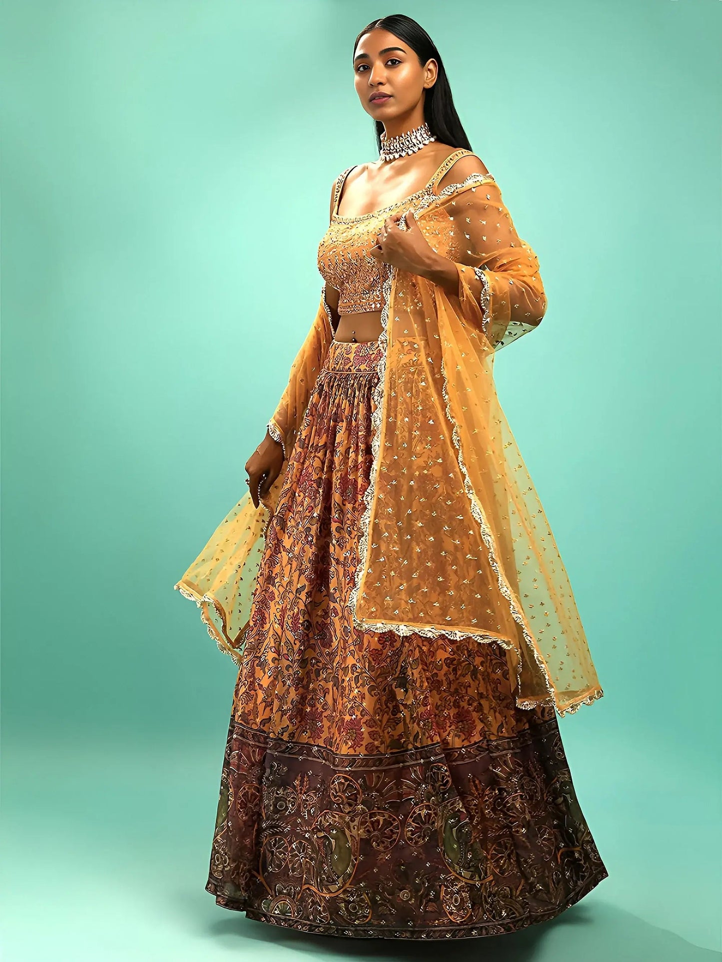 Attractive Yellow Chinon Digital Print Haldi Wear Lehenga Choli