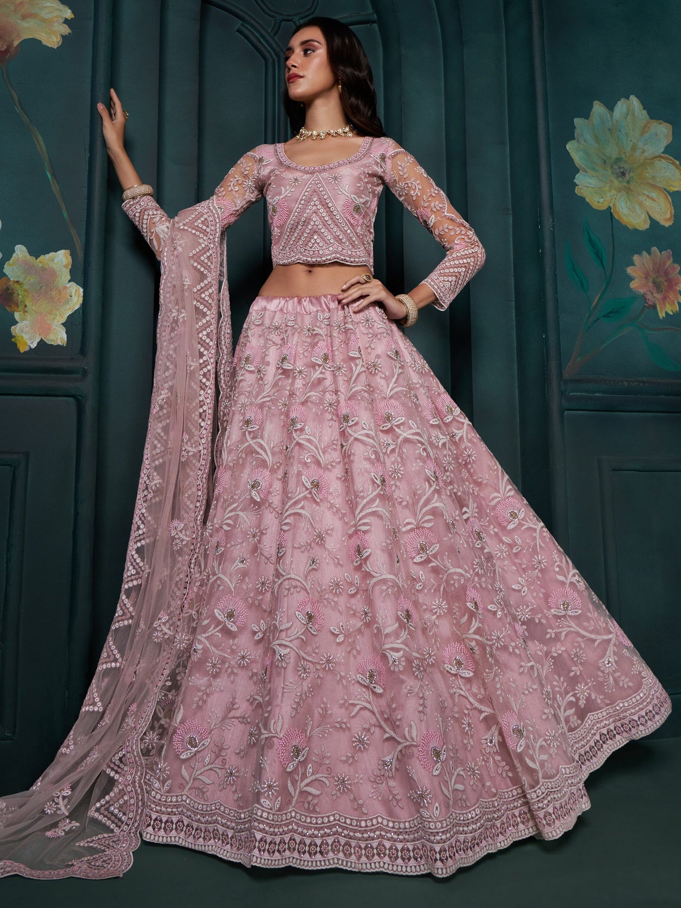 Attractive Pink Embroidered Net Bridesmaid Lehenga Choli