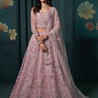 Attractive Pink Embroidered Net Bridesmaid Lehenga Choli