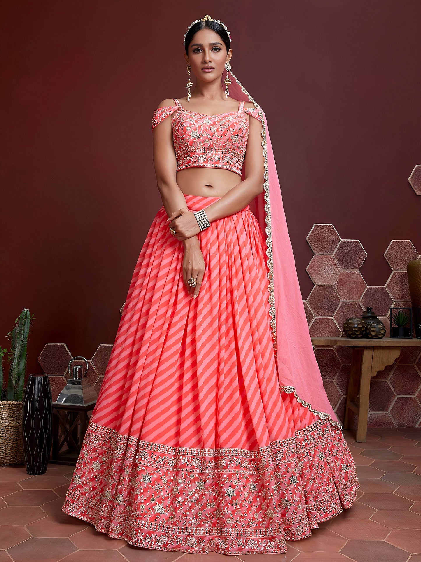 Peach Digital Printed Organza Wedding Wear Lehenga Choli