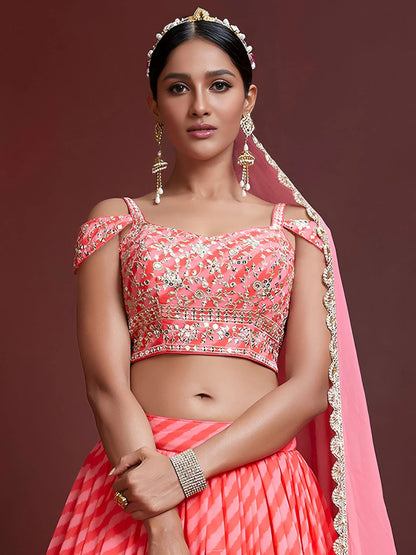 Peach Digital Printed Organza Wedding Wear Lehenga Choli