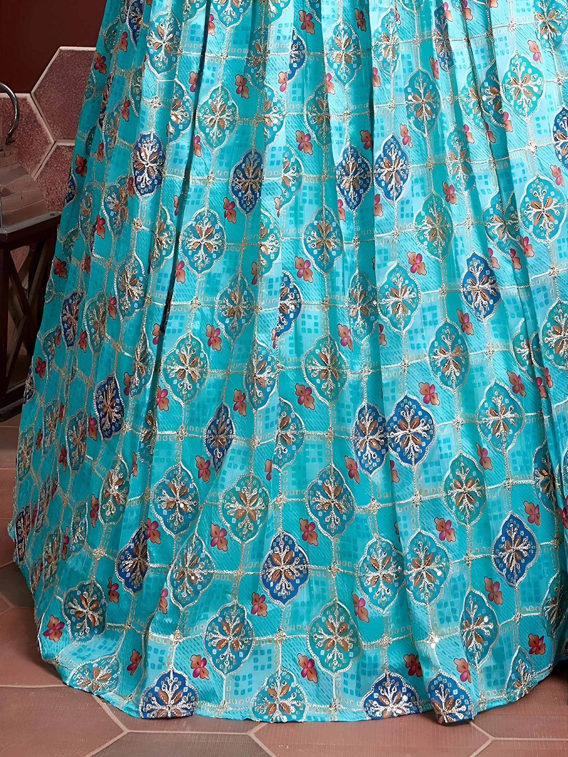 Elegant Sky Blue Fancy Printed Chinon Silk Lehenga Choli With Dupatta