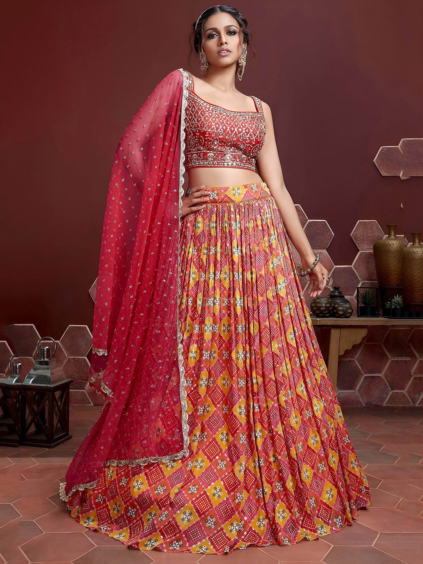 Astonishing Red Sequins Embroidery Chinon Silk Lehenga Choli
