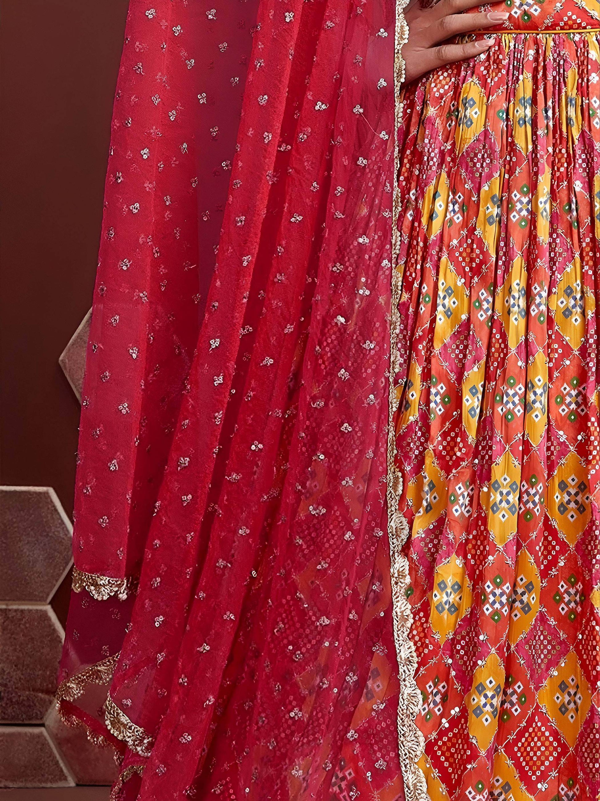 Astonishing Red Sequins Embroidery Chinon Silk Lehenga Choli