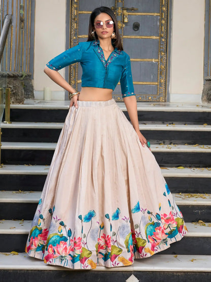 Stylish Cream Floral Printed Tussar Silk Festive Wear Crop Top With Lehenga