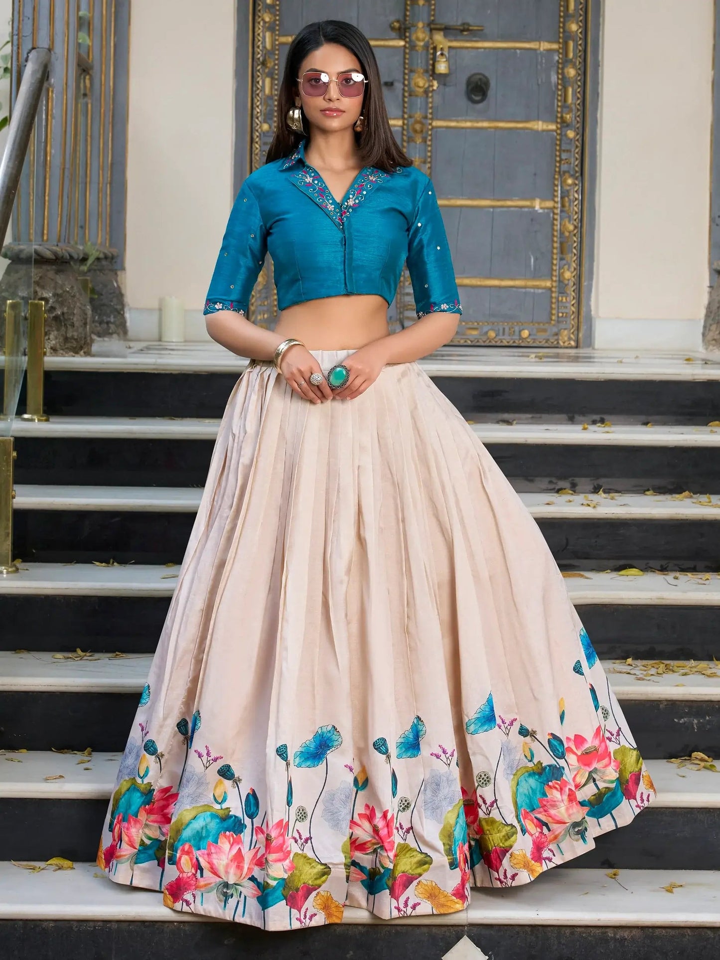 Stylish Cream Floral Printed Tussar Silk Festive Wear Crop Top With Lehenga