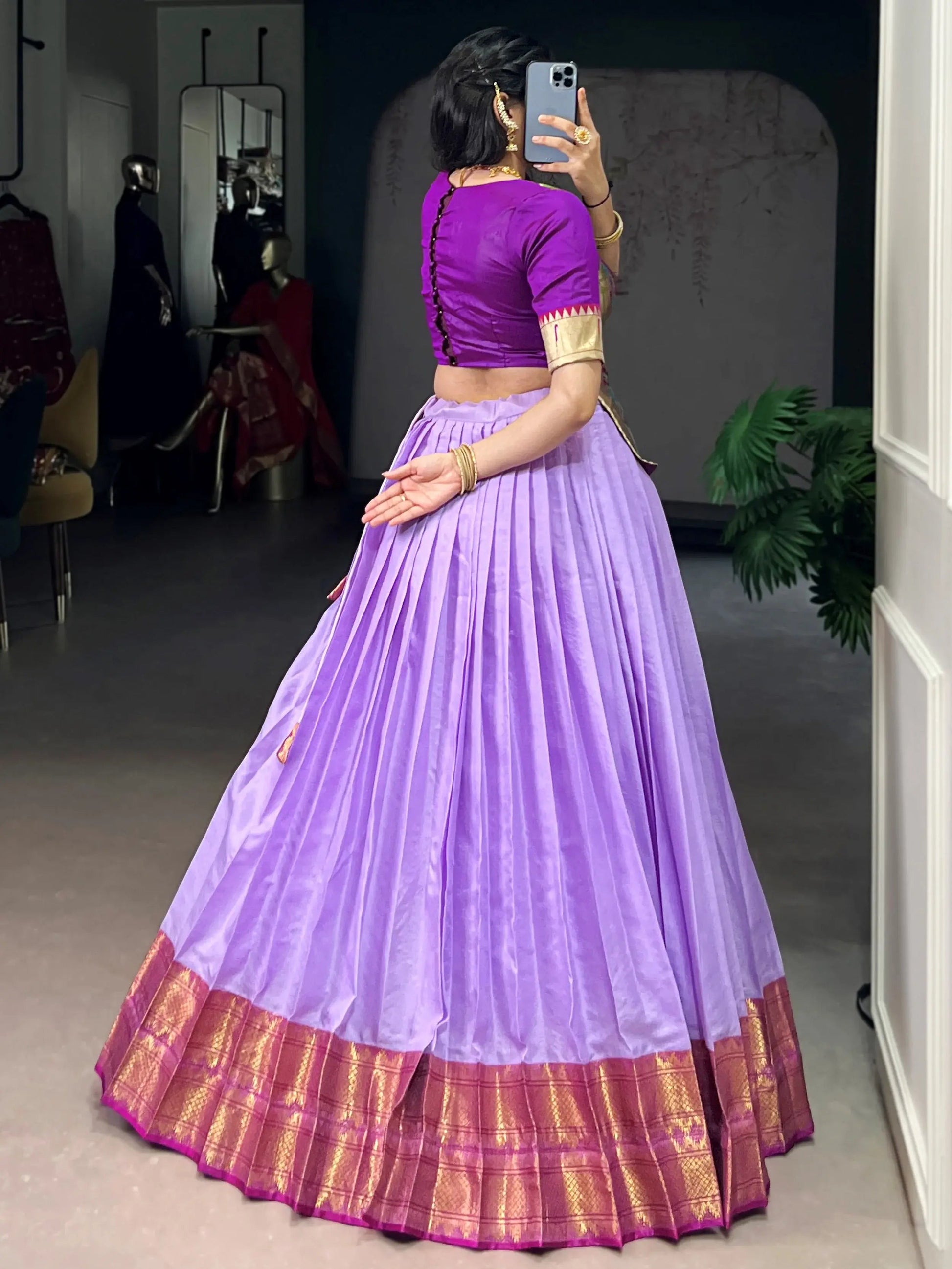 Impressive Lavender Zari Weaving Tussar Silk Function Wear Crop Top Lehenga