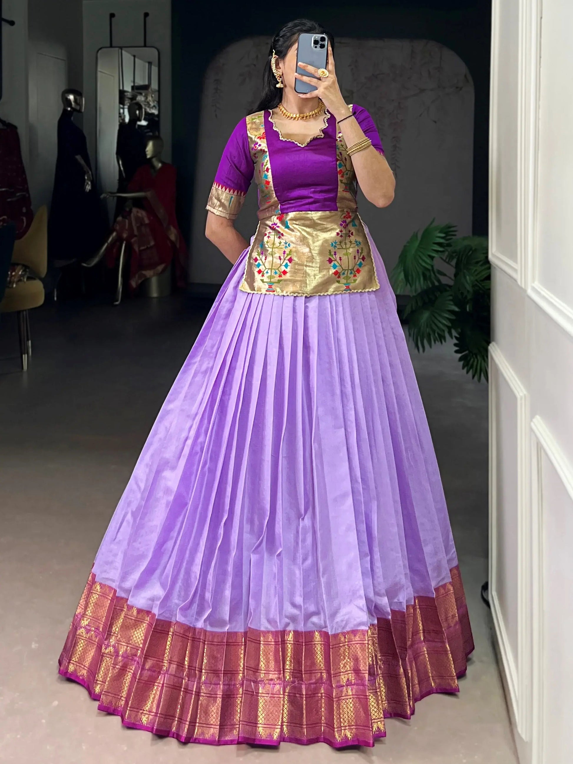 Impressive Lavender Zari Weaving Tussar Silk Function Wear Crop Top Lehenga