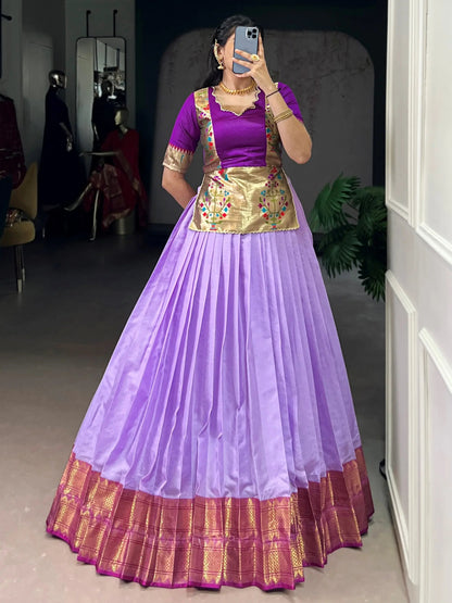 Impressive Lavender Zari Weaving Tussar Silk Function Wear Crop Top Lehenga