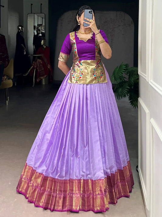 Impressive Lavender Zari Weaving Tussar Silk Function Wear Crop Top Lehenga
