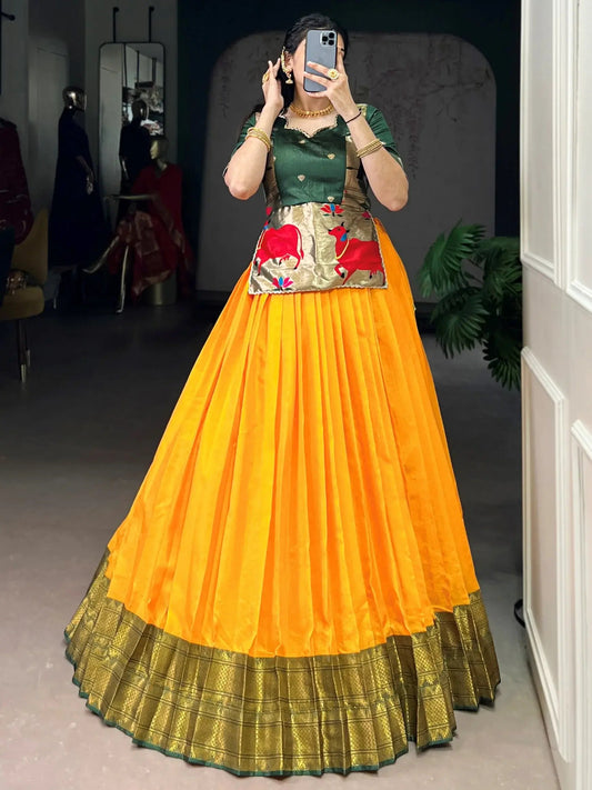 Rich Mustard Yellow Zari Weaving Tussar Silk Haldi Wear Crop Top Lehenga