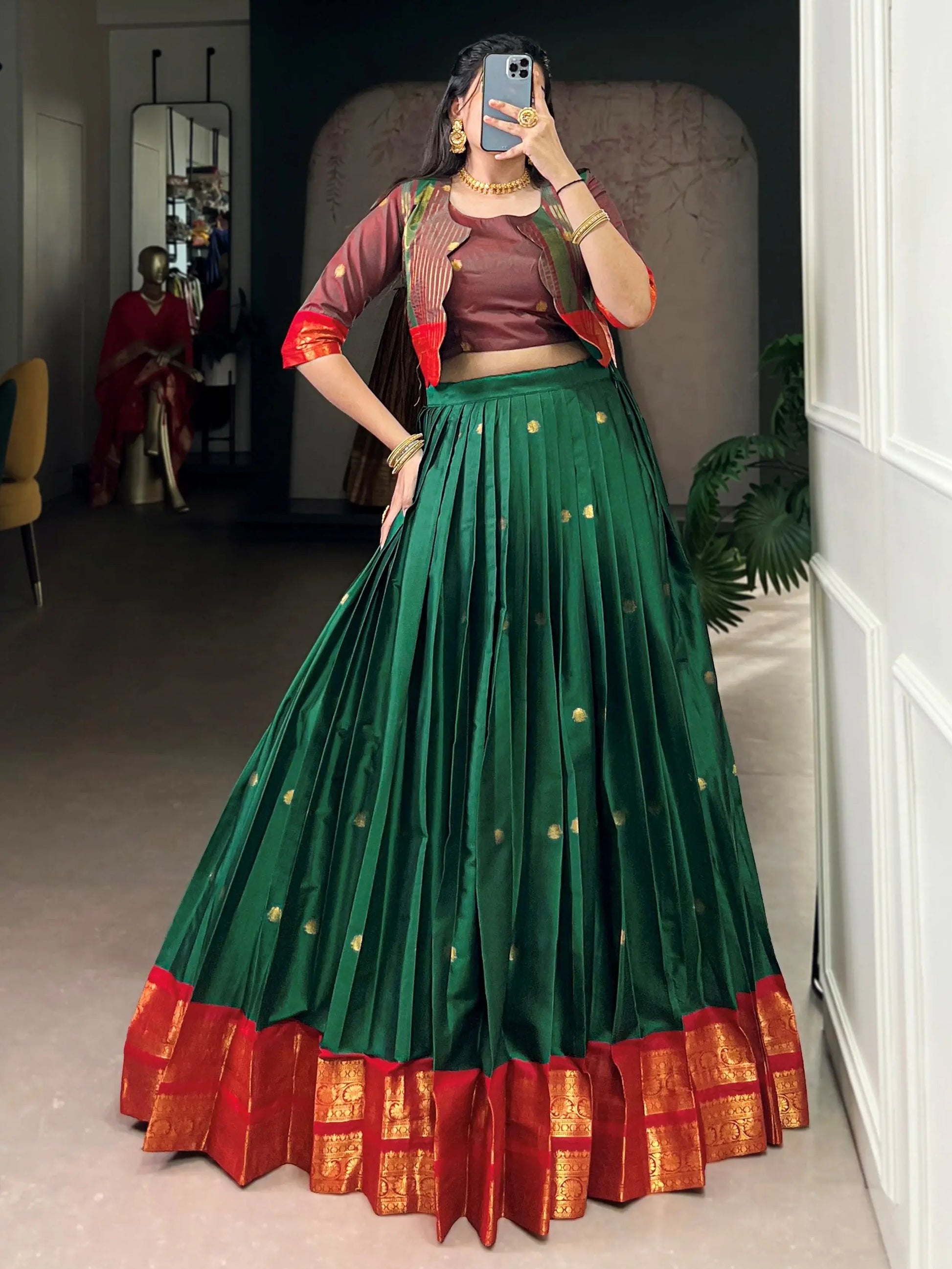 Glorious Green Zari Weaving Cotton Mehendi Wear Crop Top Lehenga With Jacket