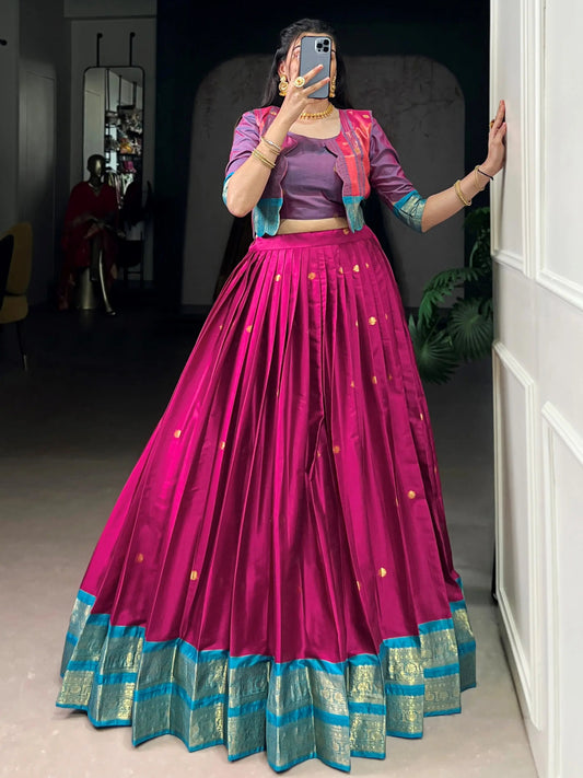 Timeless Rani Pink Zari Weaving Cotton Wedding Wear Crop Top Lehenga With Jacket