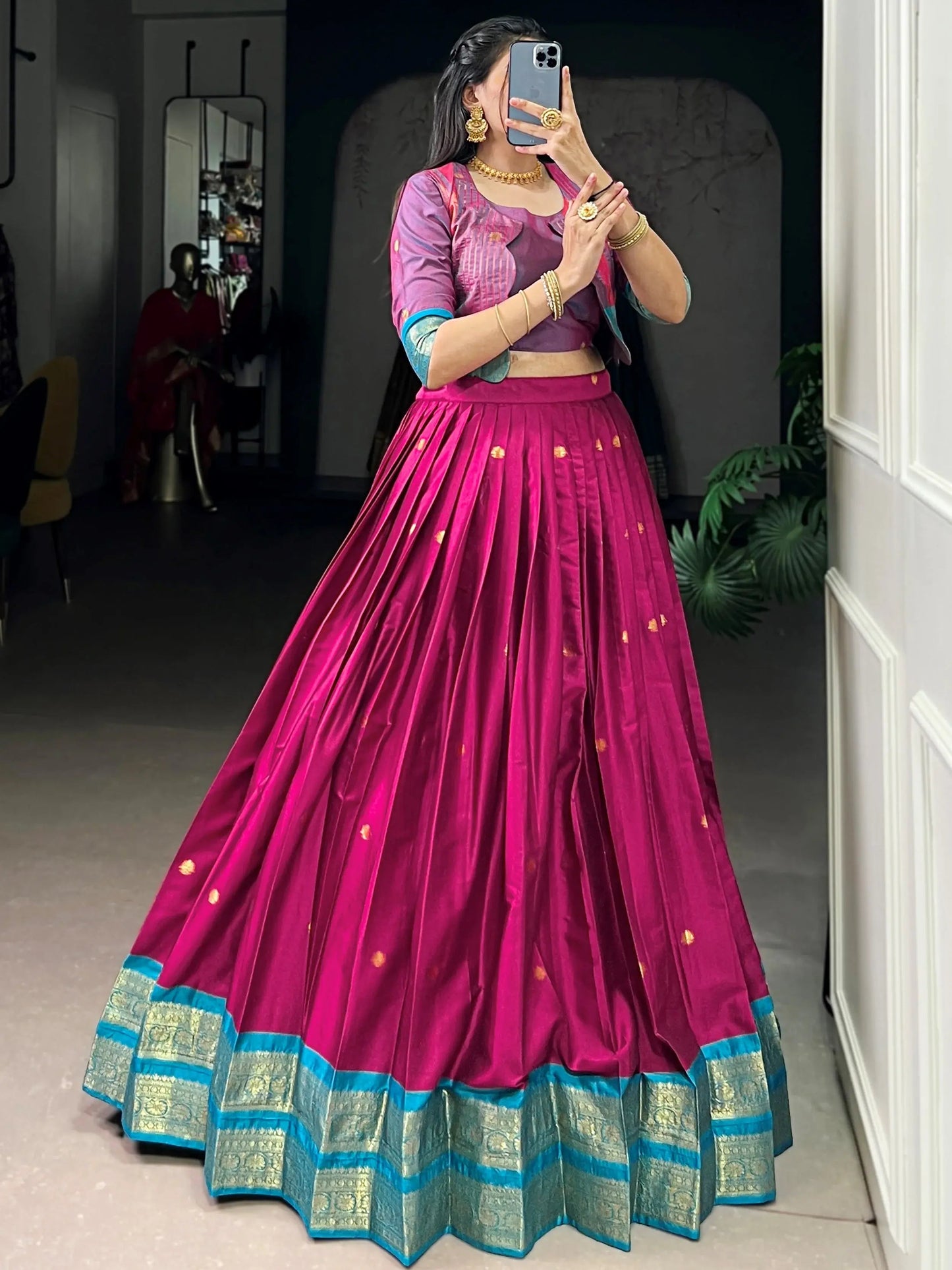 Timeless Rani Pink Zari Weaving Cotton Wedding Wear Crop Top Lehenga With Jacket