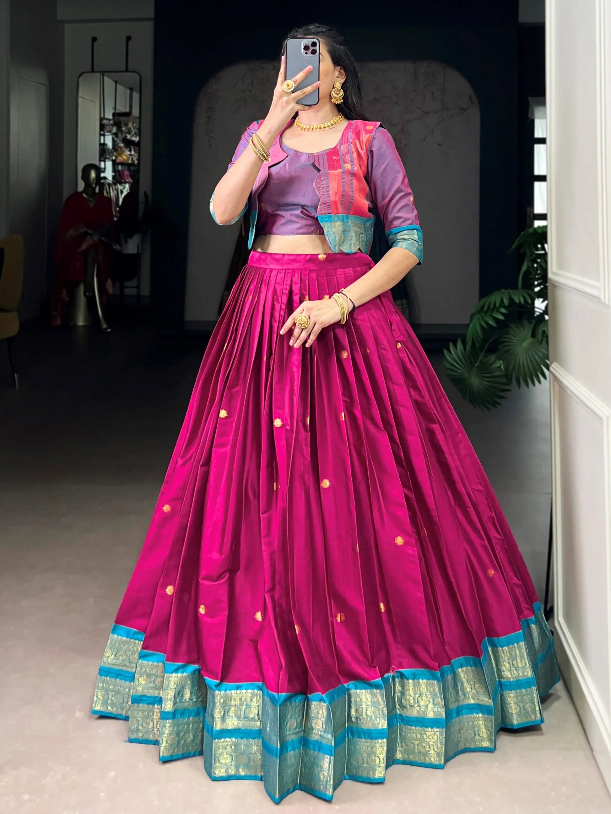 Timeless Rani Pink Zari Weaving Cotton Wedding Wear Crop Top Lehenga With Jacket