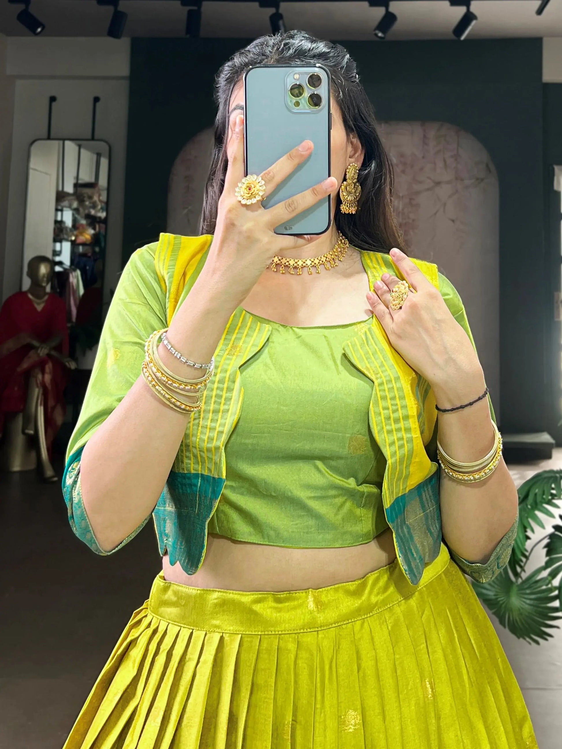 Dazzling Olive Green Zari Weaving Cotton Evening Wear Crop Top Lehenga With Jacket