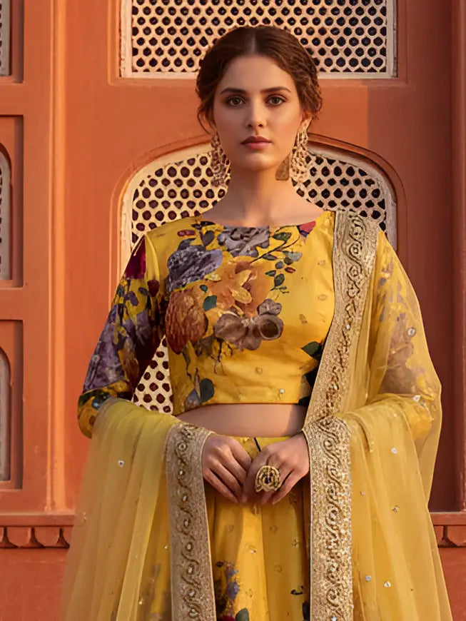 Amazeballs Yellow Floral Printed Silk Haldi Wear Lehenga Choli With Dupatta