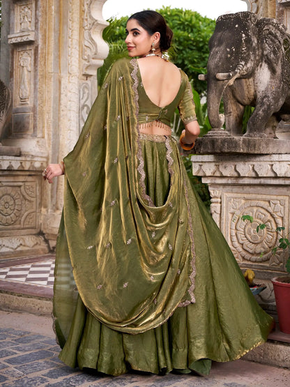 Grand Green Thread Embroidery Organza Mehendi Wear Lehenga Choli