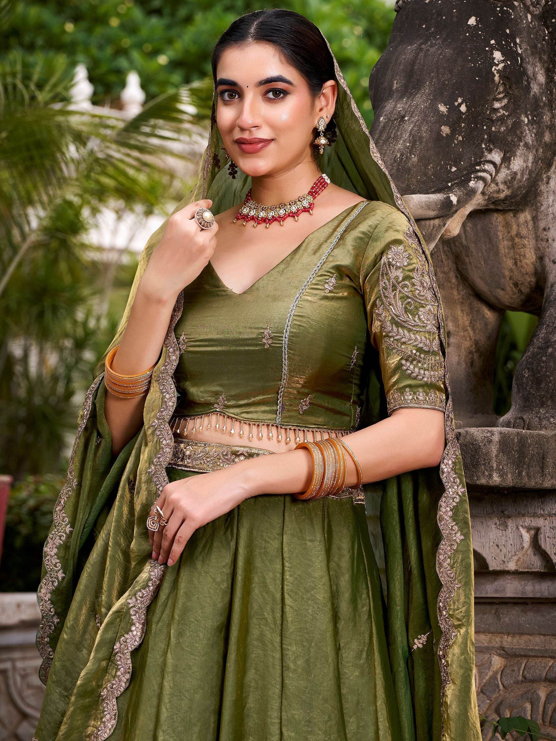 Grand Green Thread Embroidery Organza Mehendi Wear Lehenga Choli