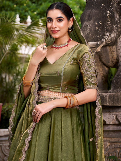 Grand Green Thread Embroidery Organza Mehendi Wear Lehenga Choli