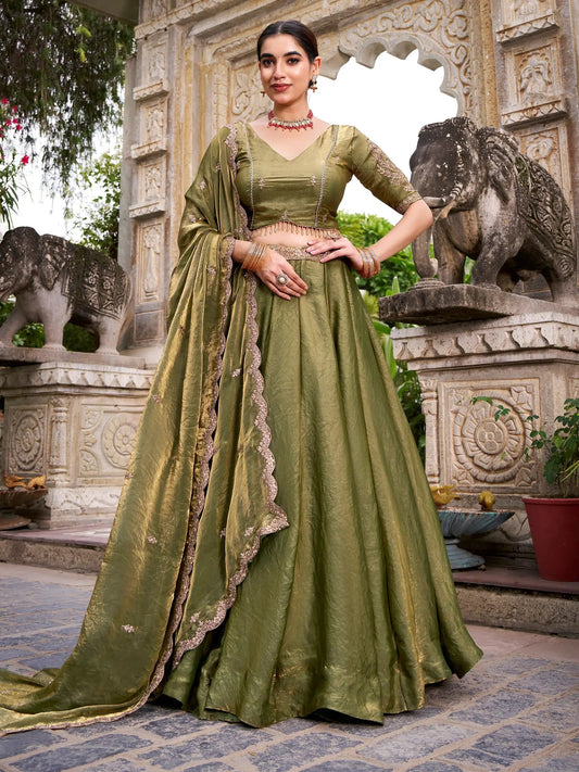 Grand Green Thread Embroidery Organza Mehendi Wear Lehenga Choli
