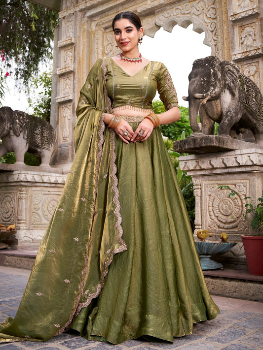 Grand Green Thread Embroidery Organza Mehendi Wear Lehenga Choli