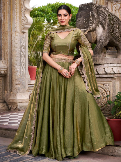 Grand Green Thread Embroidery Organza Mehendi Wear Lehenga Choli