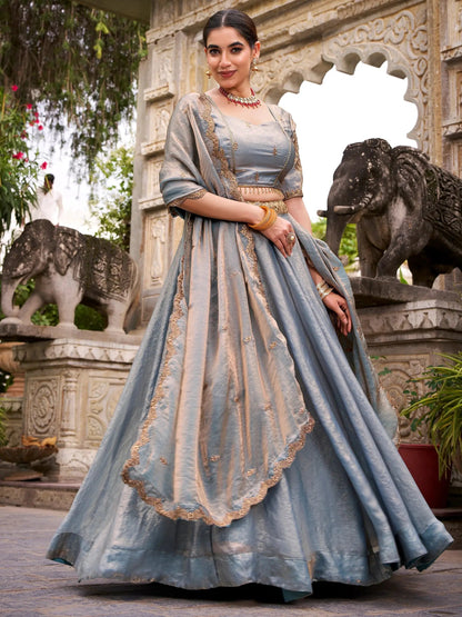 Lovely Sky Blue Sequins Organza Marriage Wear Lehenga Choli With Dupatta