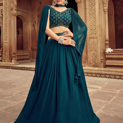 Glamorous Teal Blue Embroidered Georgette Lehenga Choli With Dupatta