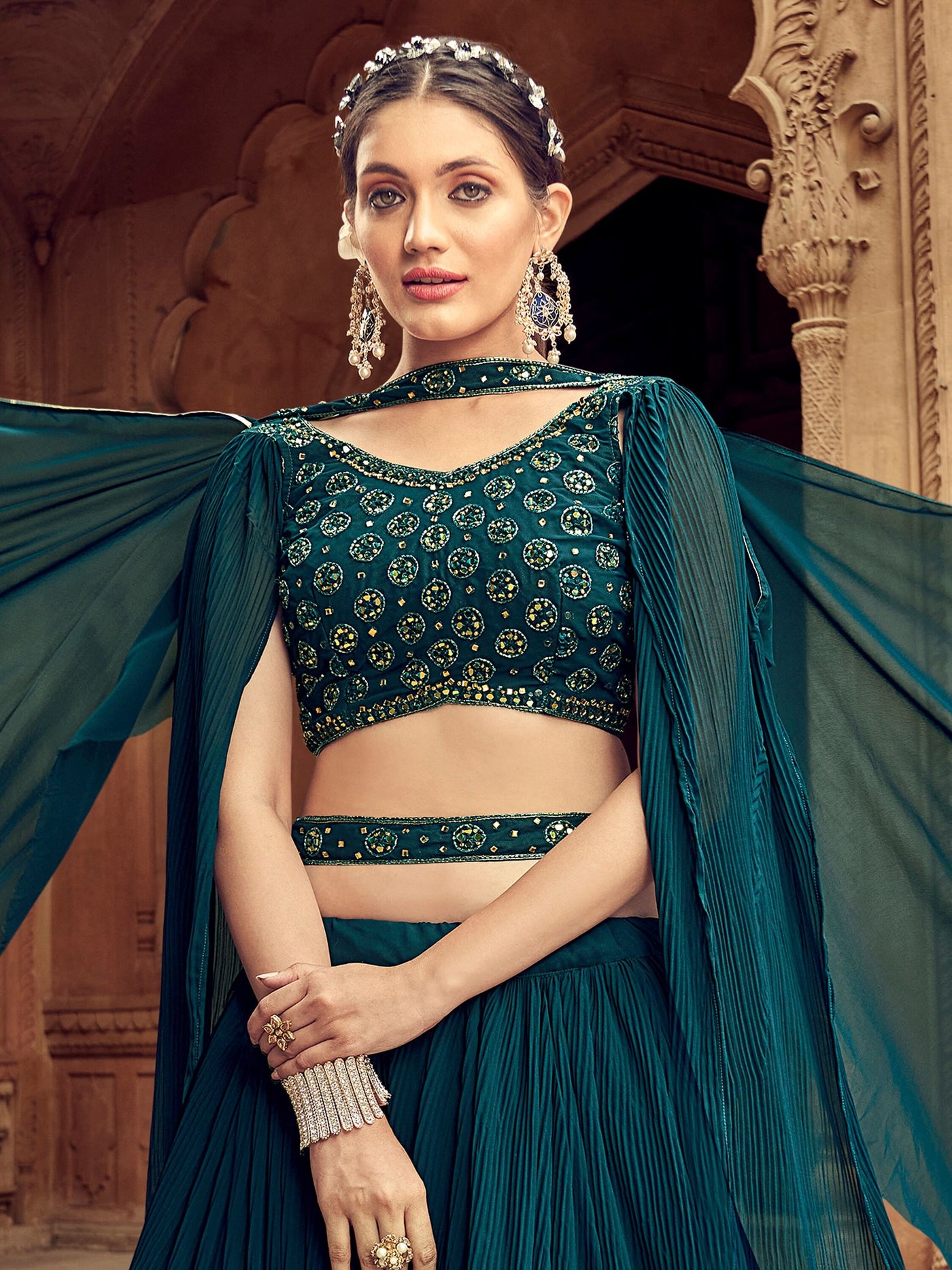 Glamorous Teal Blue Embroidered Georgette Lehenga Choli With Dupatta