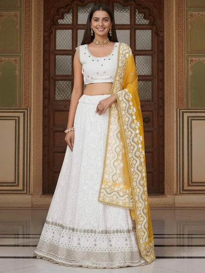 Stylish White Sequins Georgette Designer Lehenga With Blouse